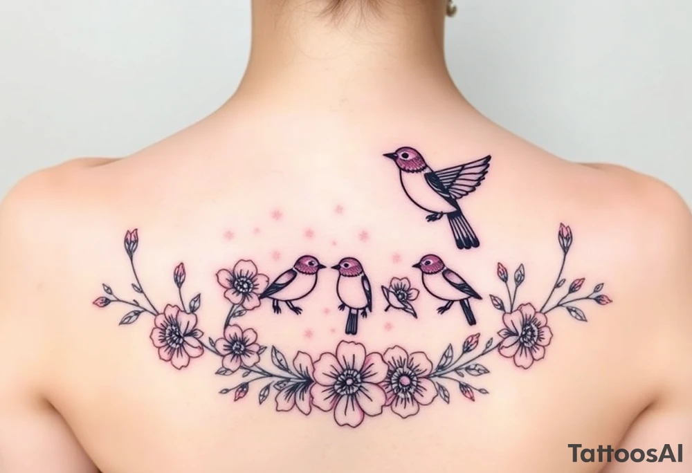 Mom bird and three baby birds with flowers tattoo idea