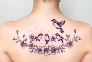 Mom bird and three baby birds with flowers tattoo idea