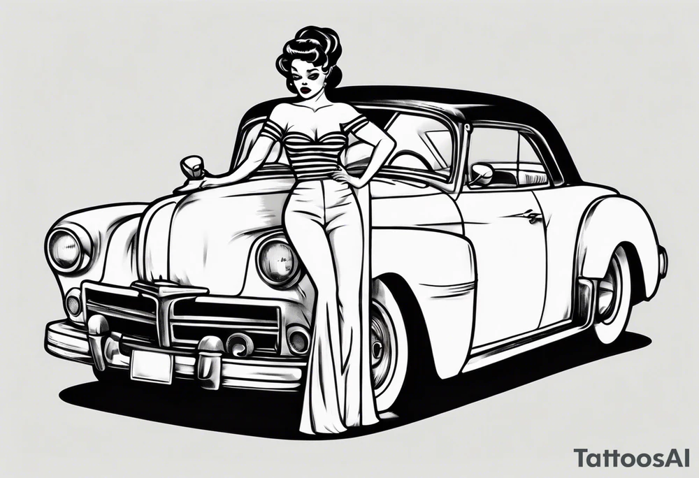 Pinup doll driving an old vintage car tattoo idea