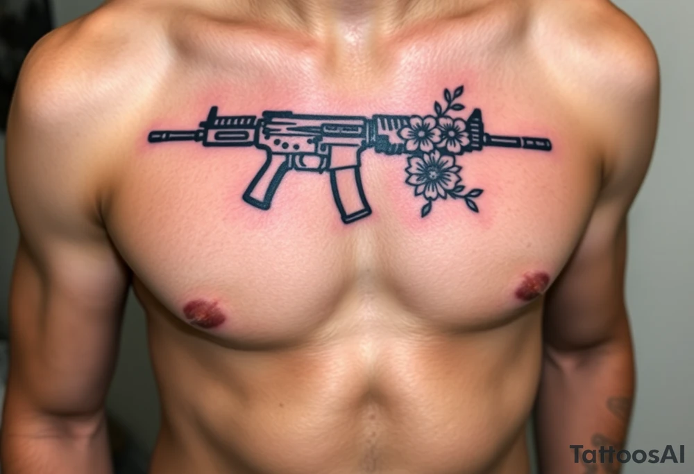 ak 47 black silhouette with floreal details tattoo idea