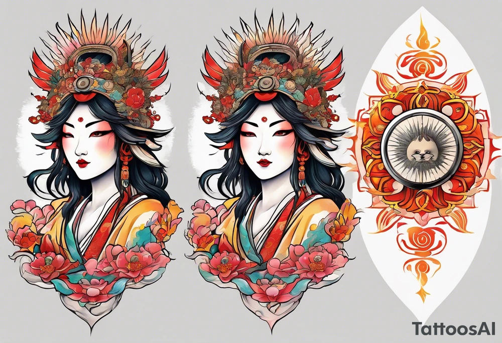 Japanese sun goddess Amaterasu with headdress and mirror tattoo idea