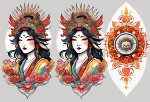 Japanese sun goddess Amaterasu with headdress and mirror tattoo idea