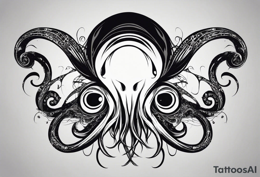 The equivalent of a horror and bizarre squid avatar. twisting and intersecting lines, making it look very wild and chaotic. The eyes of the squid are particularly prominent, one of them is white and the other is black, the overall expression is crazy and intense, with some distressed or damaged texture effects. tattoo idea