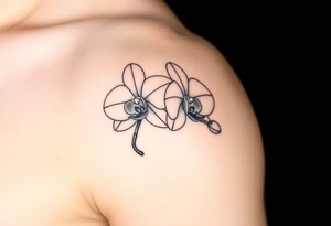 A delicate, black and white fine-line tattoo for make, featuring a gracefully detailed orchid stem with two flowers in full bloom, with soft, intricate petals and elegant curves tattoo idea