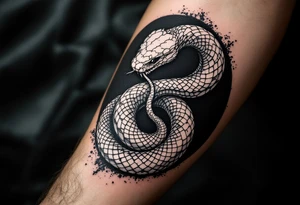 A white osnake eating its own tail on a black circular background, symbolizing eternal safety. tattoo idea