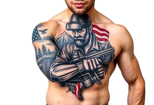 see country, mountains, wildlife, nature, racing , father of 4,
blue collar,  American flag, welder tattoo idea