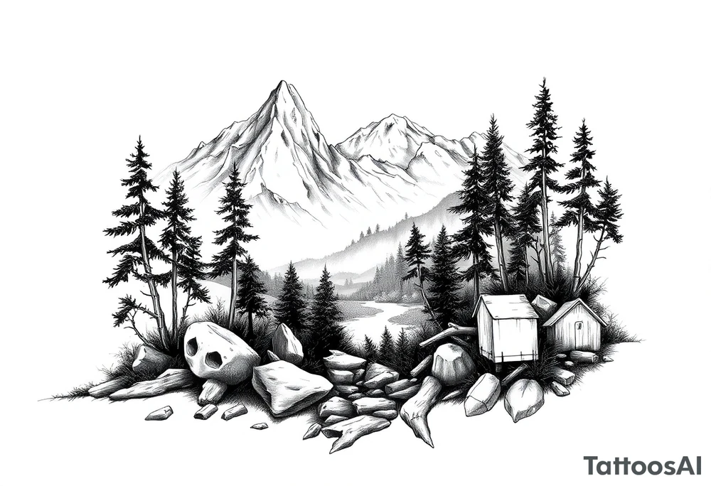 Create a scenic nature scene with lots of details tattoo idea