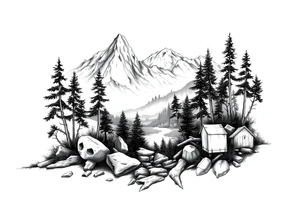 Create a scenic nature scene with lots of details tattoo idea