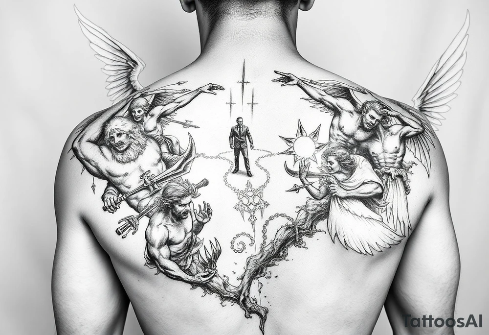 A battle between multiple angels and demons while a father guides his son through the path of life showing battle wounds on back on his way to the gates of heaven tattoo idea