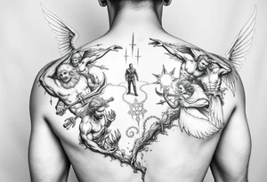A battle between multiple angels and demons while a father guides his son through the path of life showing battle wounds on back on his way to the gates of heaven tattoo idea