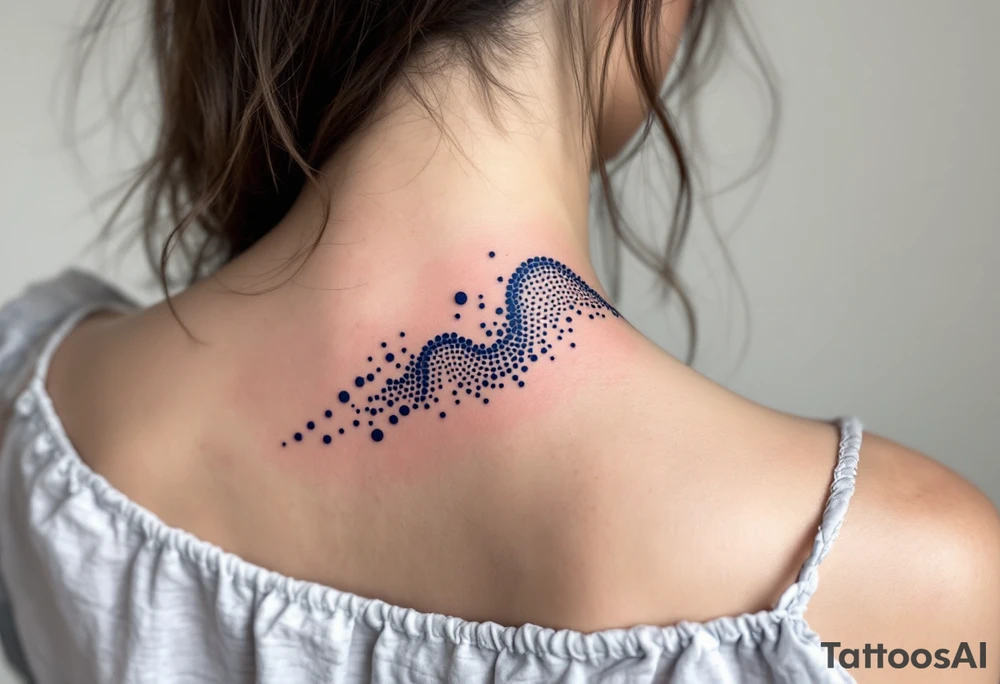 A dotwork-style wave in dark blue ink spans the back of the neck subtly. tattoo idea