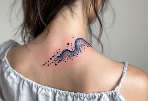 A dotwork-style wave in dark blue ink spans the back of the neck subtly. tattoo idea