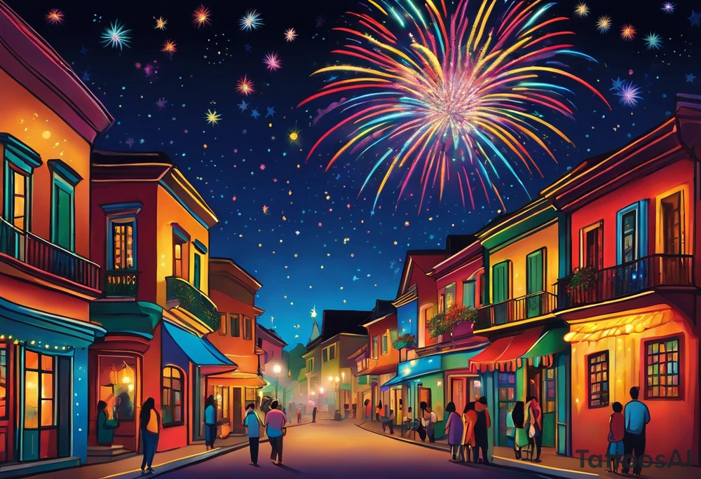 Fireworks burst across the night sky, surrounded by glowing candles and stars, capturing the magic and nostalgia of Colombian December nights. The scene is vibrant with multi-colored lights and an air of celebration. Soft linework mist or halos around the fireworks adds a magical, dreamy quality to the scene. The tattoo reflects joy and tradition, with an emphasis on warmth and festivity. tattoo idea