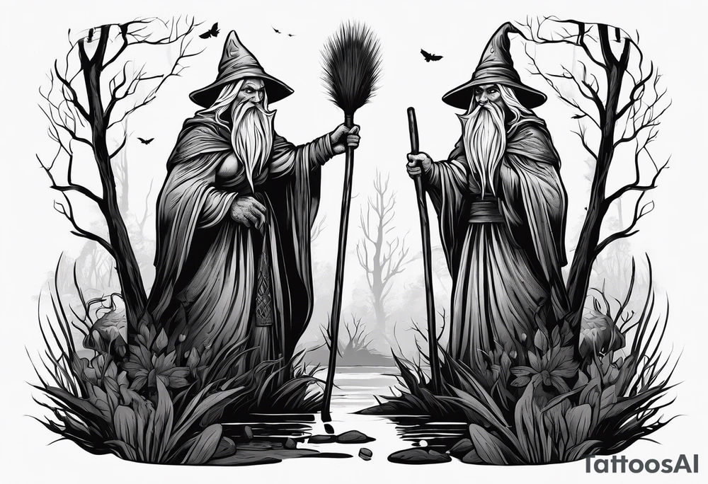 Slavic swamp witch with a broom creepy old ugly tattoo idea