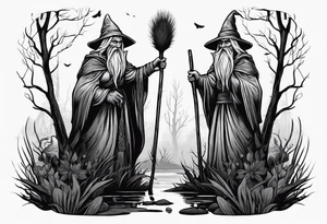 Slavic swamp witch with a broom creepy old ugly tattoo idea