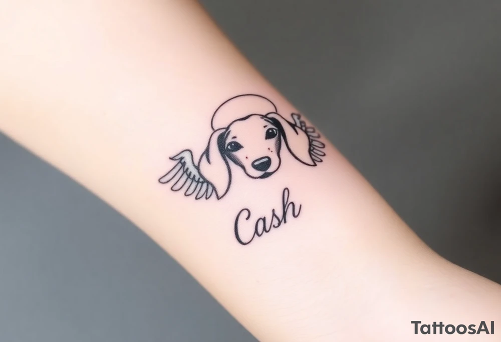 Dachshund ears inside wings with a halo above and the name Cash tattoo idea