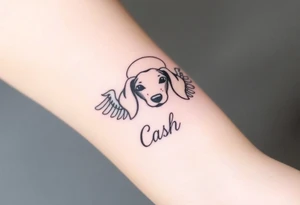 Dachshund ears inside wings with a halo above and the name Cash tattoo idea