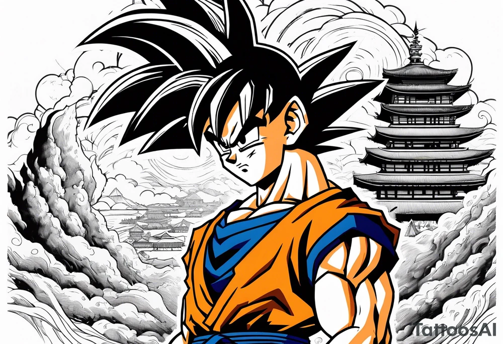 Son-Goku as a super saiyajin . A huge dragonball surrounds the whole scenery. Gokus friends are surrounding him as shadows tattoo idea