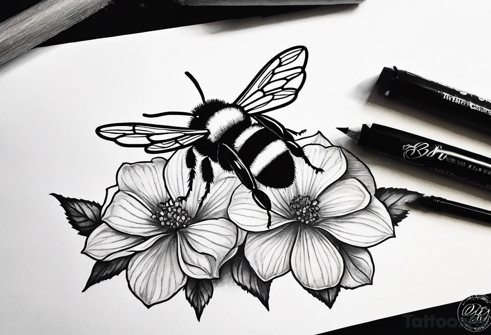 Small tattoo. There’s a hydrangea and a bee but they are not touching. Make the bee smaller than the hydrangea and have the bee off to the side. tattoo idea