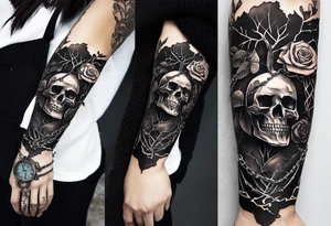 tattoo sleeve, tree roots break out of the chains at the bottom of the hand, Symbolizing loss, an image of a broken mask, Clock with flying numbers, girl, skull, roses tattoo idea