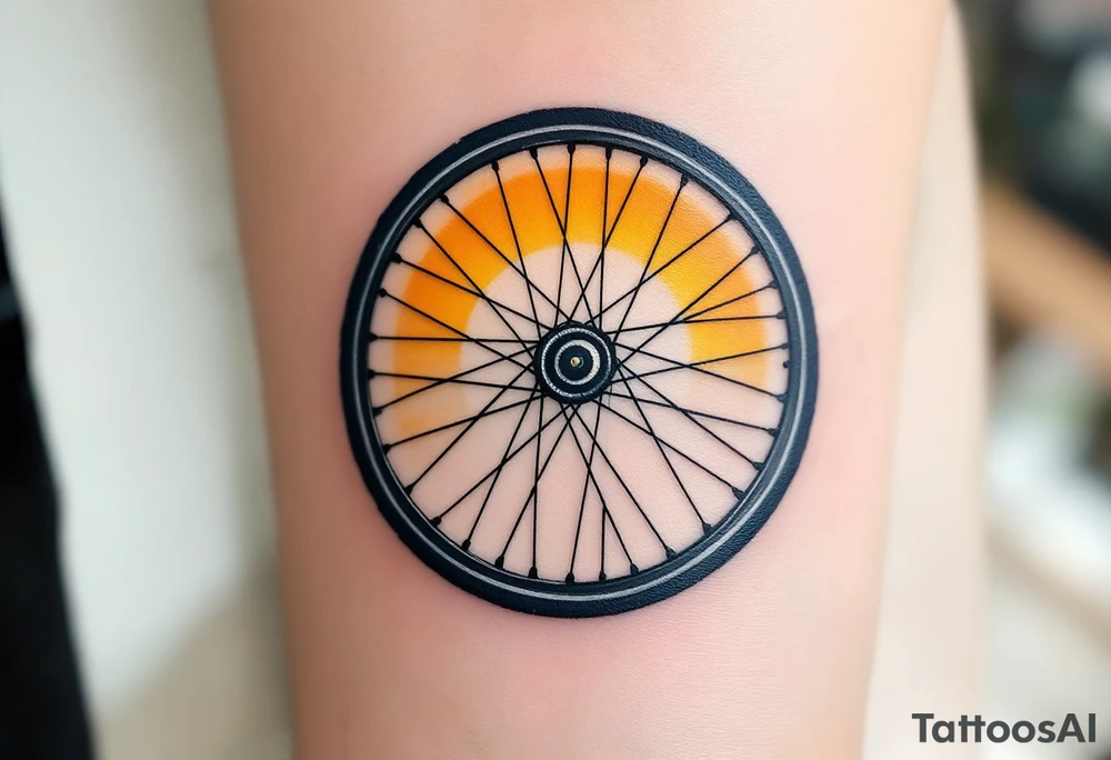 A bicycle wheel with spokes forming a sun, glowing in yellow and gold with subtle gradients for a warm, radiant effect. tattoo idea