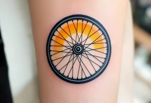 A bicycle wheel with spokes forming a sun, glowing in yellow and gold with subtle gradients for a warm, radiant effect. tattoo idea