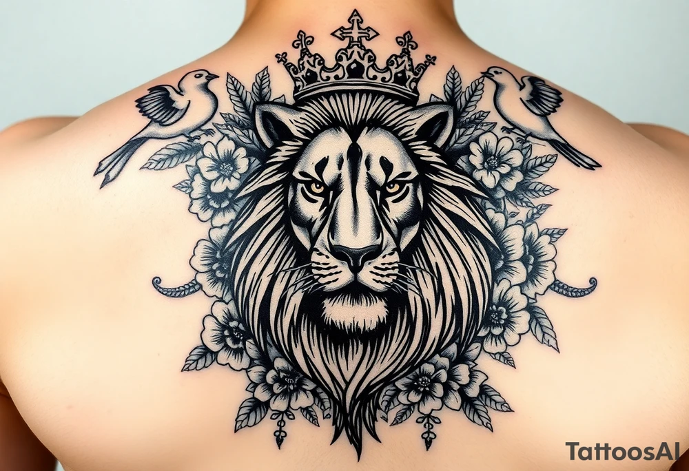 powerful majestic lion with a crown, surrounded by floral ornaments and birds tattoo idea