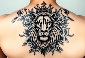 powerful majestic lion with a crown, surrounded by floral ornaments and birds tattoo idea