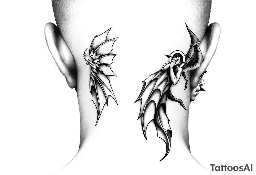 position behind the neck Angel (on the right) whispering in the right ear, demon (on the left) whispering in the left ear tattoo idea