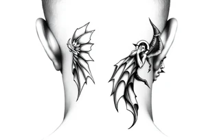 position behind the neck Angel (on the right) whispering in the right ear, demon (on the left) whispering in the left ear tattoo idea