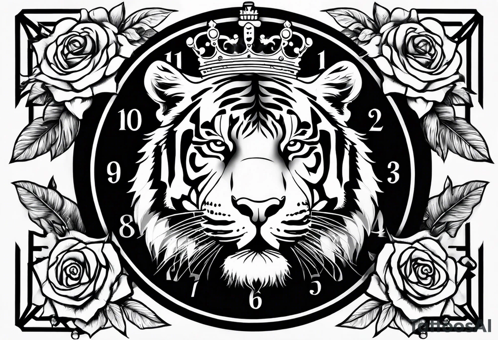 A tiger with crown and smoke rose times clocks tattoo idea