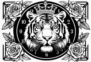 A tiger with crown and smoke rose times clocks tattoo idea