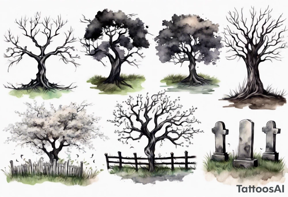 A black tree and a white tree intertwining branches in a field with a fence and headstones tattoo idea