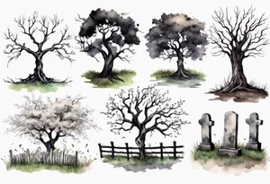 A black tree and a white tree intertwining branches in a field with a fence and headstones tattoo idea