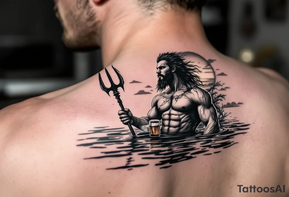 young, fit poseidon in calm water, holding a trident, drinking a beer, with sunset tattoo idea
