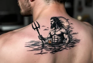 young, fit poseidon in calm water, holding a trident, drinking a beer, with sunset tattoo idea
