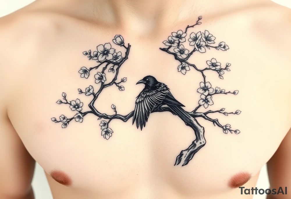 Japanese style cherry blossom complete tree with a raven in a branch tattoo idea