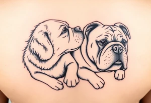 a golden retriever and an English bulldog, lying besides each other, head to head, foreheads touching, side view tattoo idea