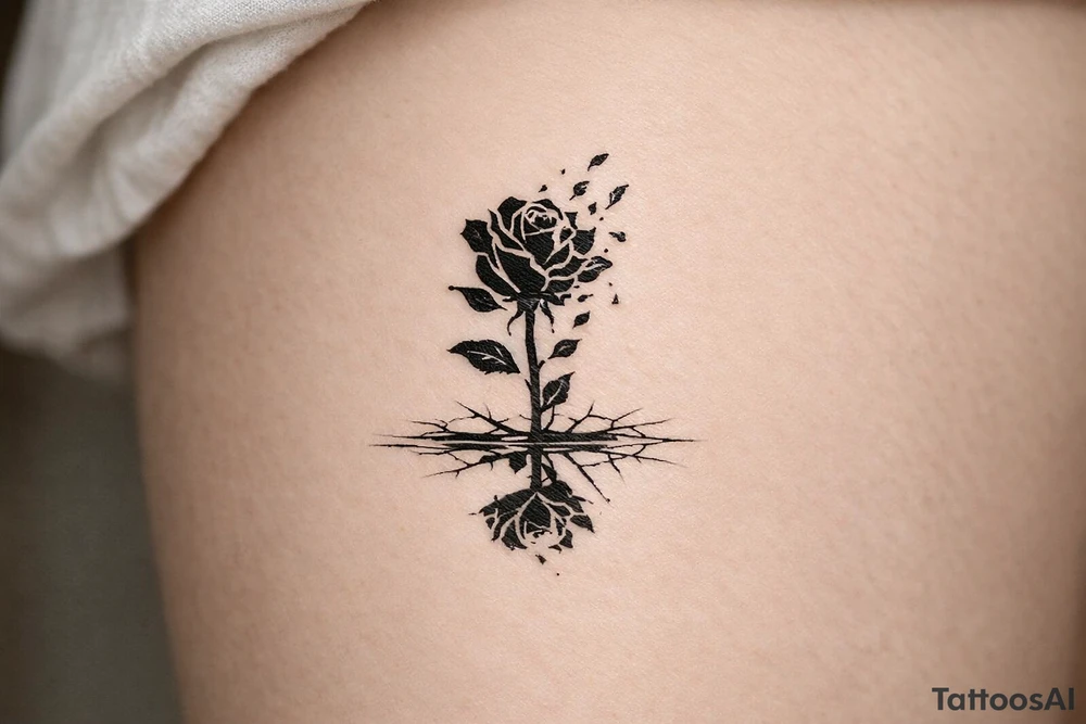 Rose silhouette shattering into fragmented petals, reflected in cracked ice. tattoo idea