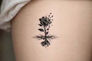 Rose silhouette shattering into fragmented petals, reflected in cracked ice. tattoo idea