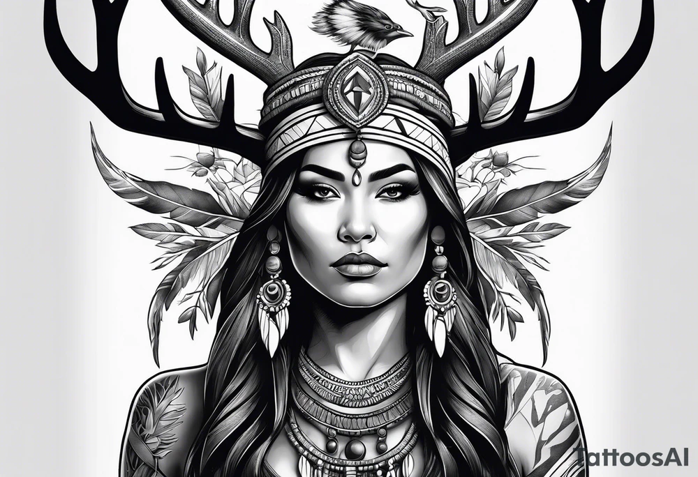 Native American woman full body 
with deer antlers tattoo idea