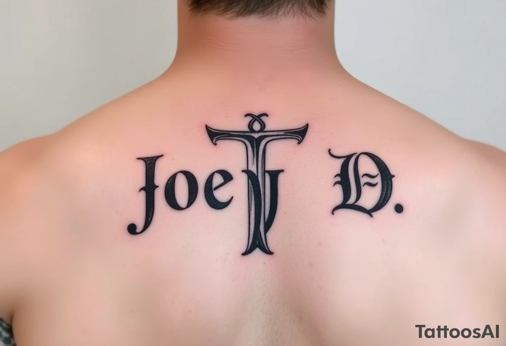 The words Joey D written with a large scale Roman style letter J tattoo idea