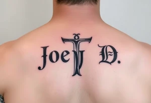 The words Joey D written with a large scale Roman style letter J tattoo idea