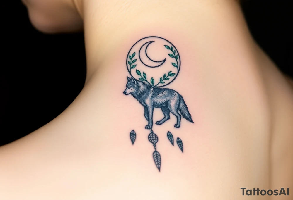 A wolf walking under a crescent moon within a dreamcatcher, surrounded by trees. The wolf is in black with white highlights, and the dreamcatcher is detailed with silver moon symbols and green leaves tattoo idea