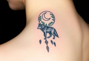A wolf walking under a crescent moon within a dreamcatcher, surrounded by trees. The wolf is in black with white highlights, and the dreamcatcher is detailed with silver moon symbols and green leaves tattoo idea