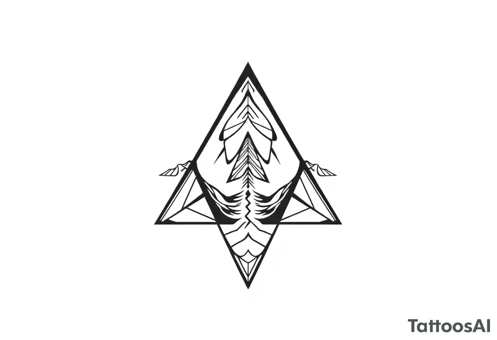 Five different paths meet in the center but should be back psychedelic and trippy and should be geometric lines and simple in a triangular shape tattoo idea