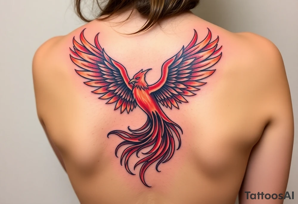 My wife is looking to get a tattoo of a phoenix on her thigh. She wants it beautiful, in color, and potentially flying out of ashes upwards. A quote she likes is "it's time I break my chains and run with the giants" to go with it. So if that gives any new inspiration to it, please be creative and make the best looking tattoo possible! tattoo idea