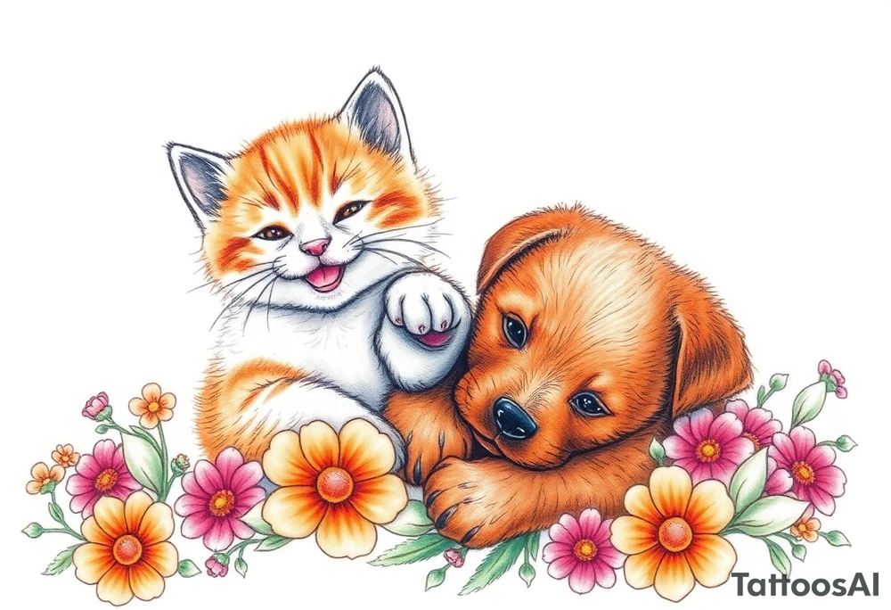 A white and orange kitten happy as can be I can even see a smile while a brown puppy full of love and joy rolling around in a bed of flowers together tattoo idea