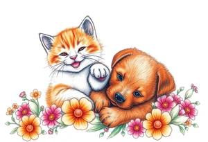 A white and orange kitten happy as can be I can even see a smile while a brown puppy full of love and joy rolling around in a bed of flowers together tattoo idea