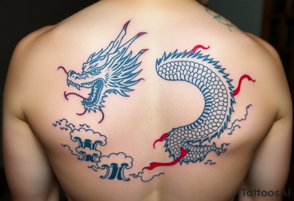 powerful japanese dragon, water background, colour red and blue tattoo idea